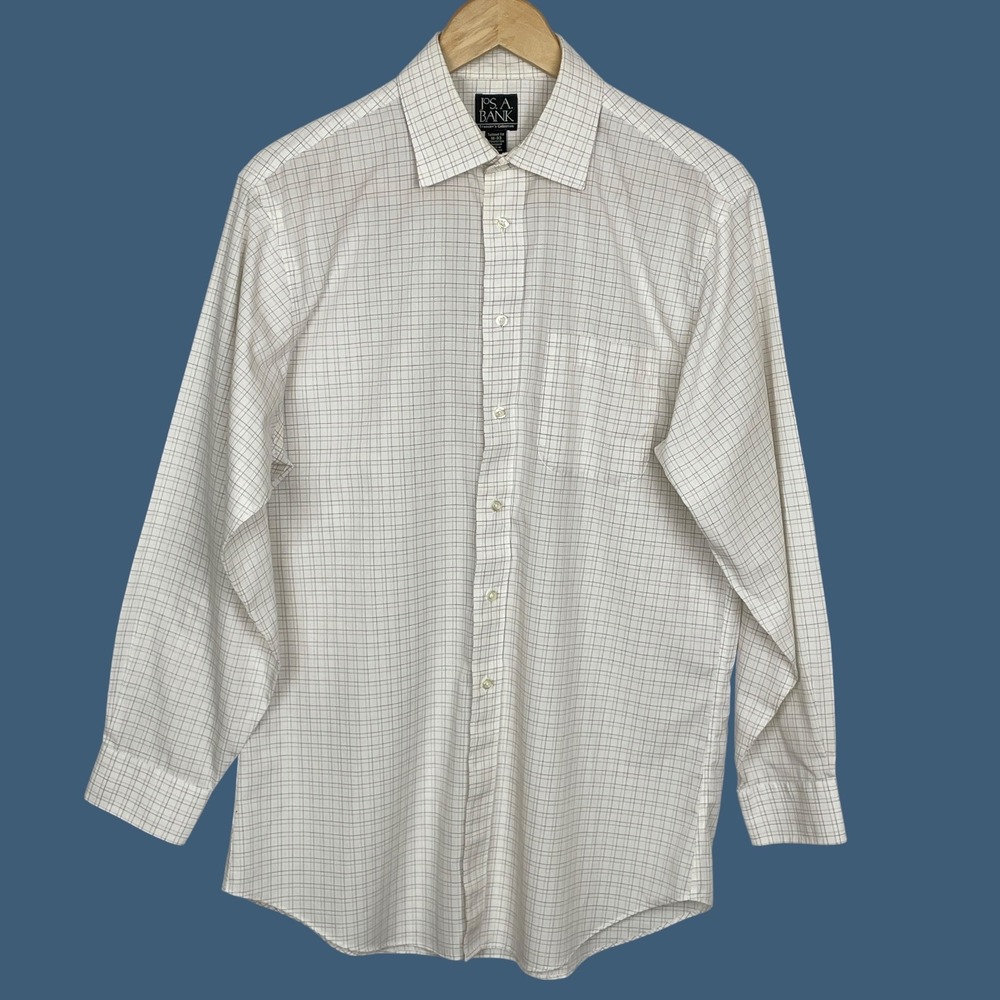 Jos A Bank Travelers Collection Tailored Fit Shirt‎ Mens 16-33 Windowpane Plaid